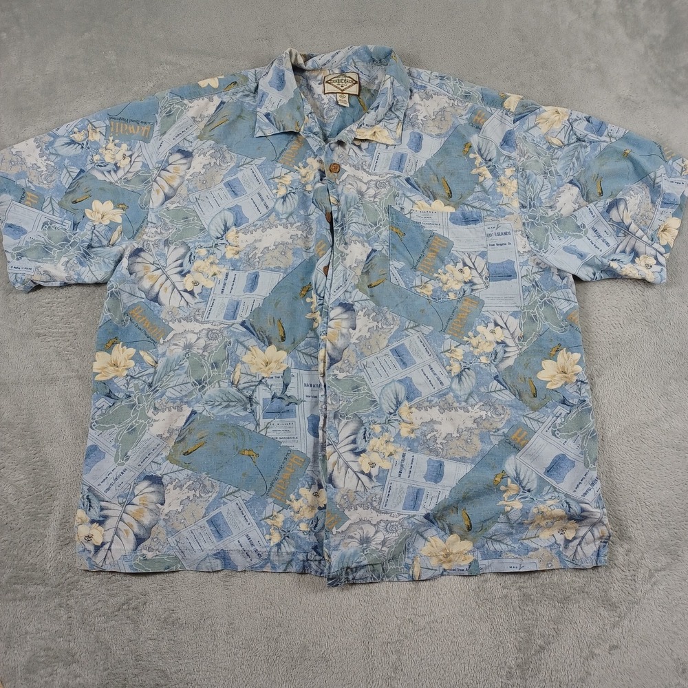 Three Palm Shirt Mens XXL Blue Silk‎ All Over Print Hawaiian Camp Casual
